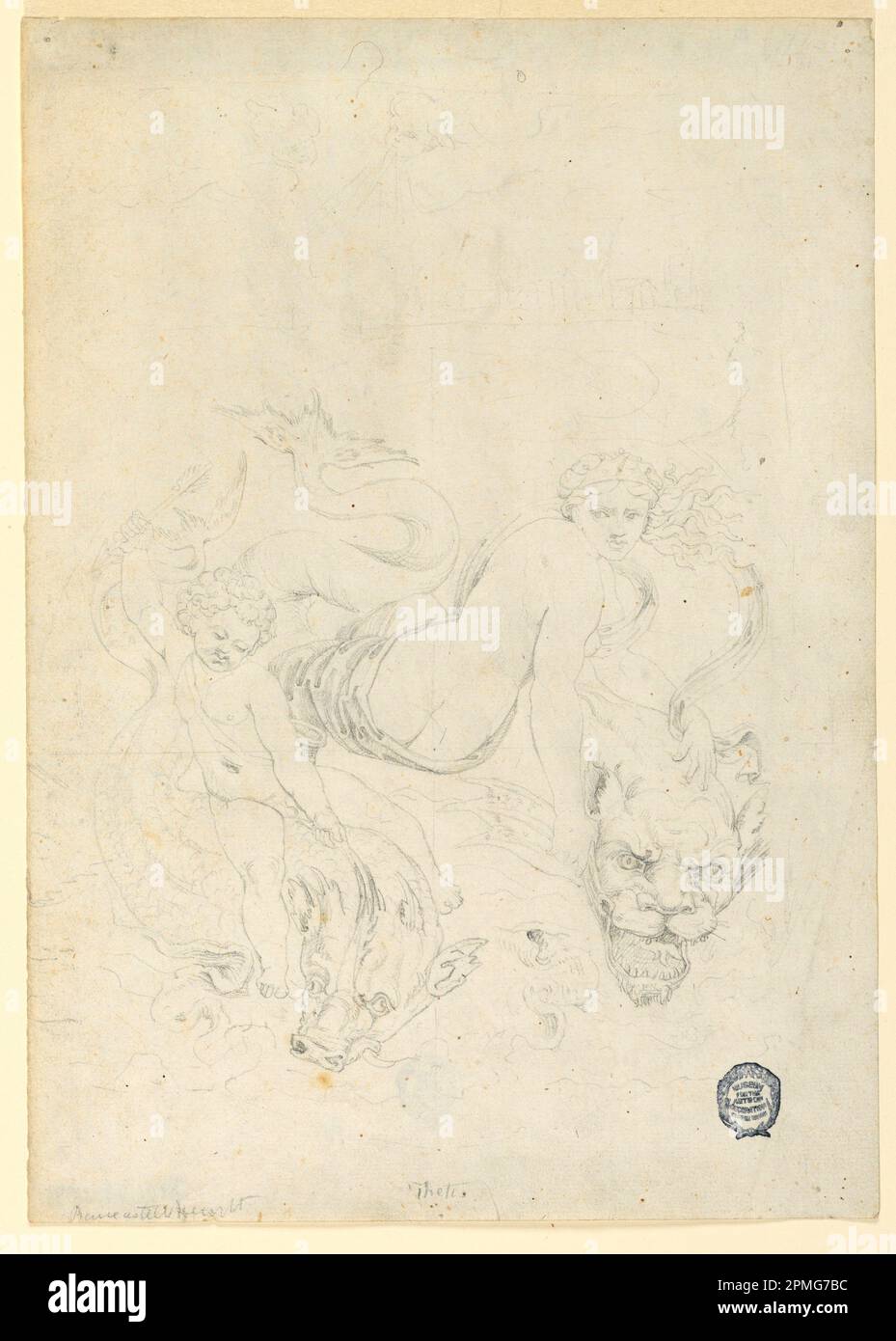 Drawing, Thetis and Cupid Riding Fish; Fortunato Duranti (Italian, 1787 - 1863); Italy; graphite on paper; 30.7 × 21.8 cm (12 1/16 × 8 9/16 in.) Stock Photo