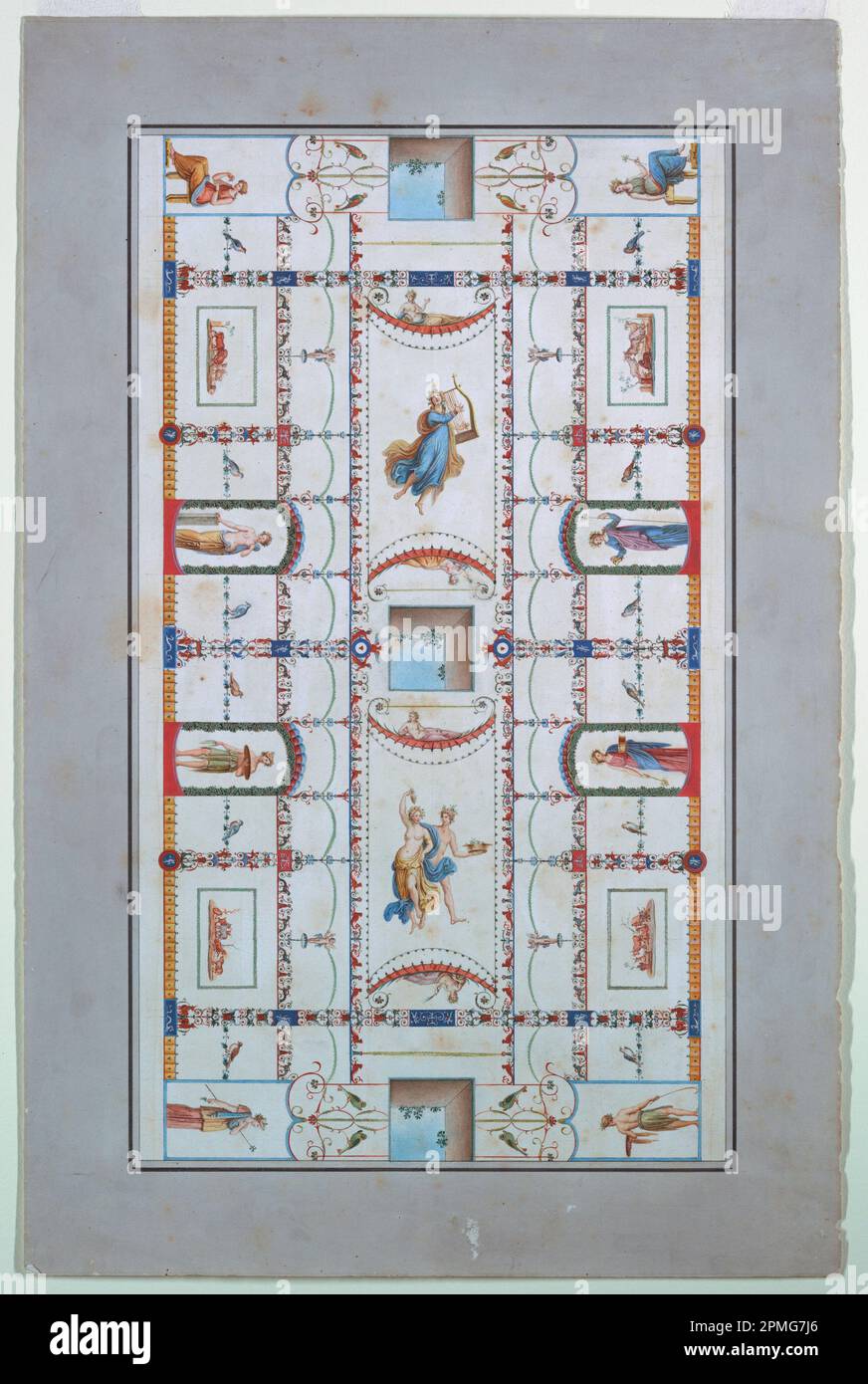 Object ID #18544553; Italy; pen and black ink, watercolor, ruled borders in pen and black support: white laid paper; 45.4 x 29.6 cm (17 7/8 x 11 5/8 in.) image: 37.0 x 21.2 Mat: 55.9 x 71.1 cm (22 x 28 in.) Stock Photo