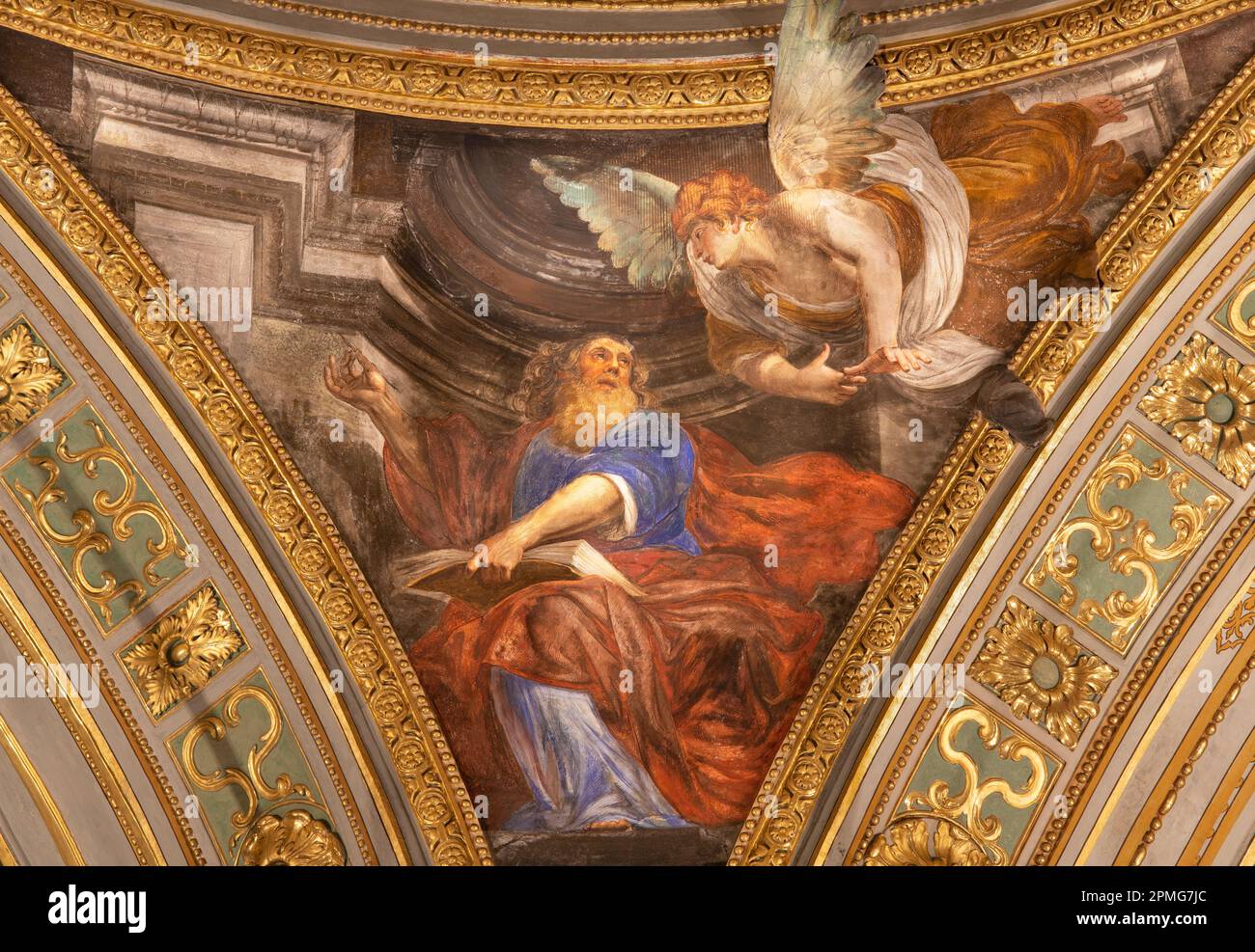 GENOVA, ITALY - MARCH 5, 2023: The fresco of St. Matthew the Evangelist in the church Chiesa del Gesu . Stock Photo