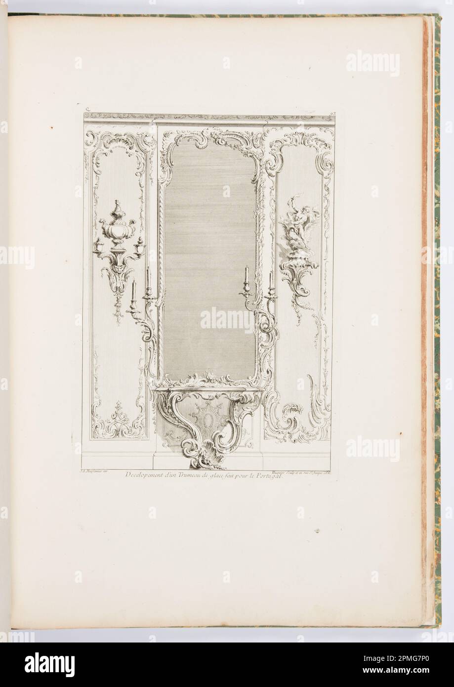 Print, Plate 3, Developement d'un Trumeau de glace fait pour le Portugal (Design for a Pier Glass with Varation for Portugal), Oeuvre de Juste-Aurèle Meissonnier (Works of Juste-Aurèle Meissonnier); Designed by Juste-Aurèle Meissonnier (French, b. Italy, 1695–1750); Engraved by Gabriel Huquier (French, 1695–1772); France; engraving on white laid paper; Platemark: 36.5 × 25.7 cm (14 3/8 × 10 1/8 in.) Sheet: 59.1 × 40.6 cm (23 1/4 × 16 in.) Stock Photo