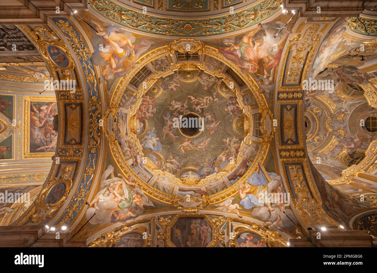 GENOVA, ITALY - MARCH 5, 2023: The side cupola with the fresco of cardinal virtues and prophets and  in the church Chiesa del Gesu. Stock Photo