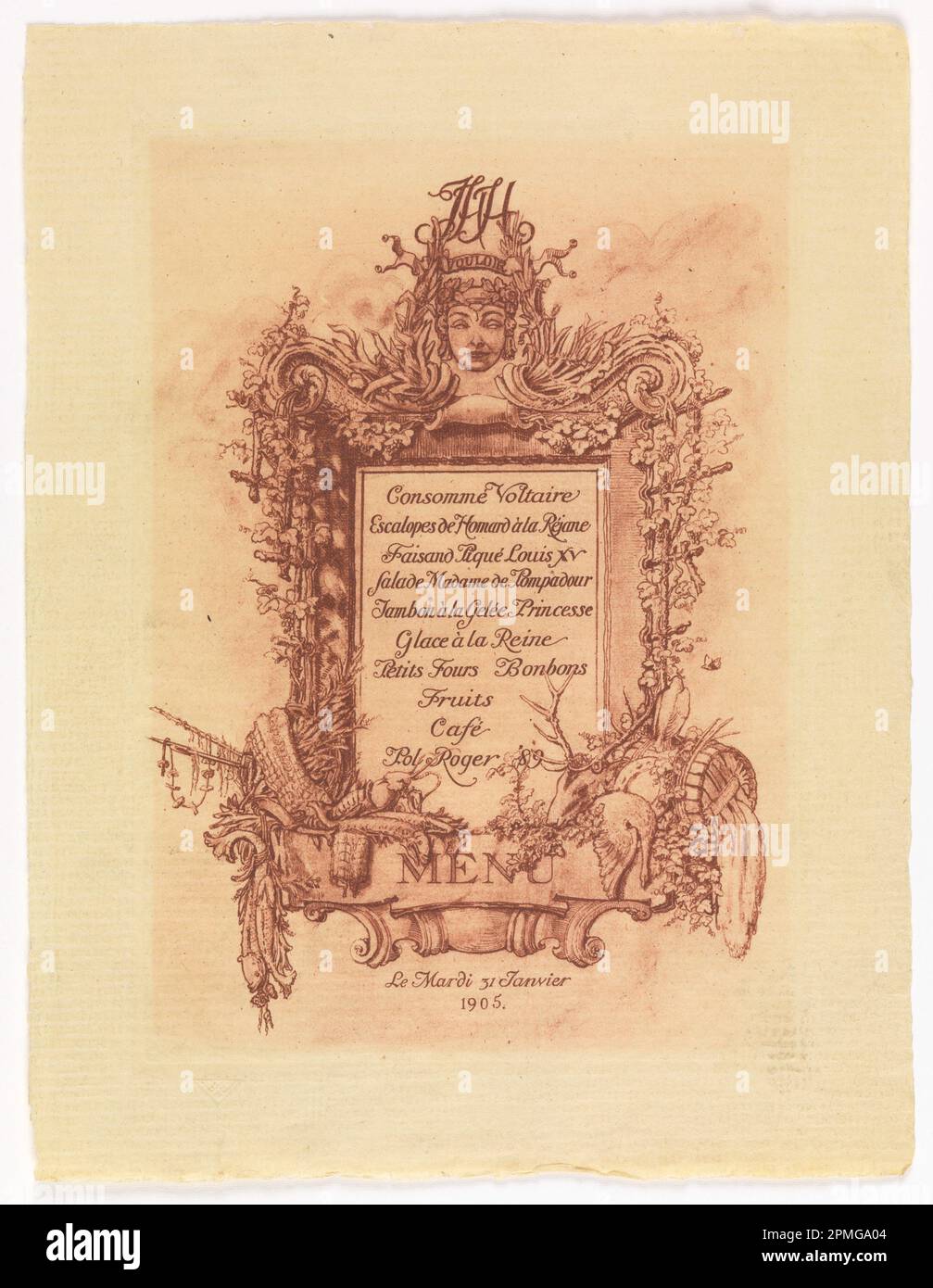 Print, Menu for the Ball Given by James Hazen Hyde, January 31, 1905; Designed by Whitney Warren Jr. (American, 1864–1943); USA; etching in red ink, on cream laid paper; 21.8 x 16.5 cm (8 9/16 x 6 1/2 in.) Stock Photo