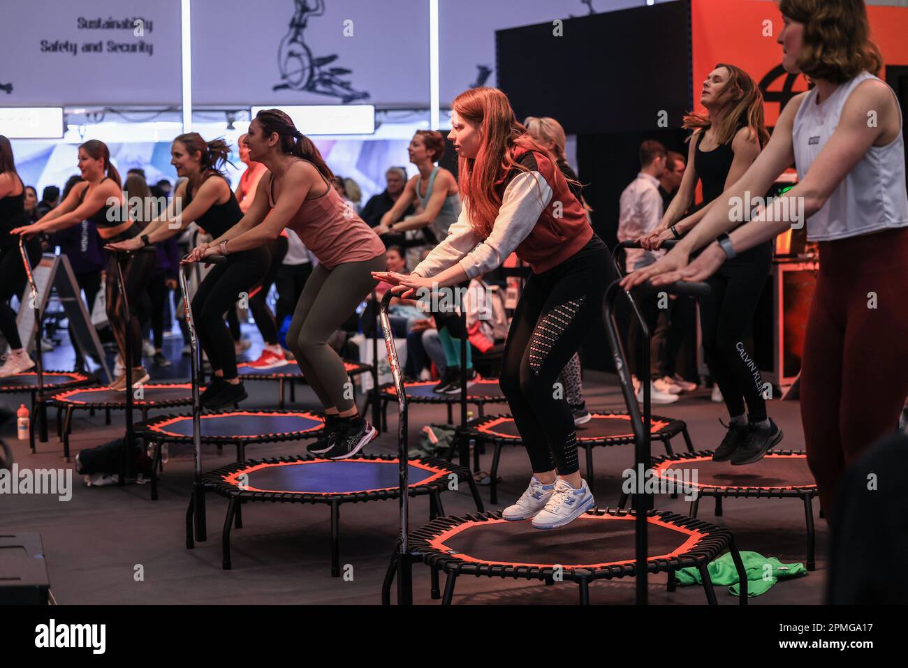 Cologne, Germany. 13th Apr, 2023. Women jumping on trampolines. The Fibo  fitness trade fair will take place in Cologne from 13 - 16 April 2023.  Credit: Oliver Berg/dpa/Alamy Live News Stock Photo - Alamy