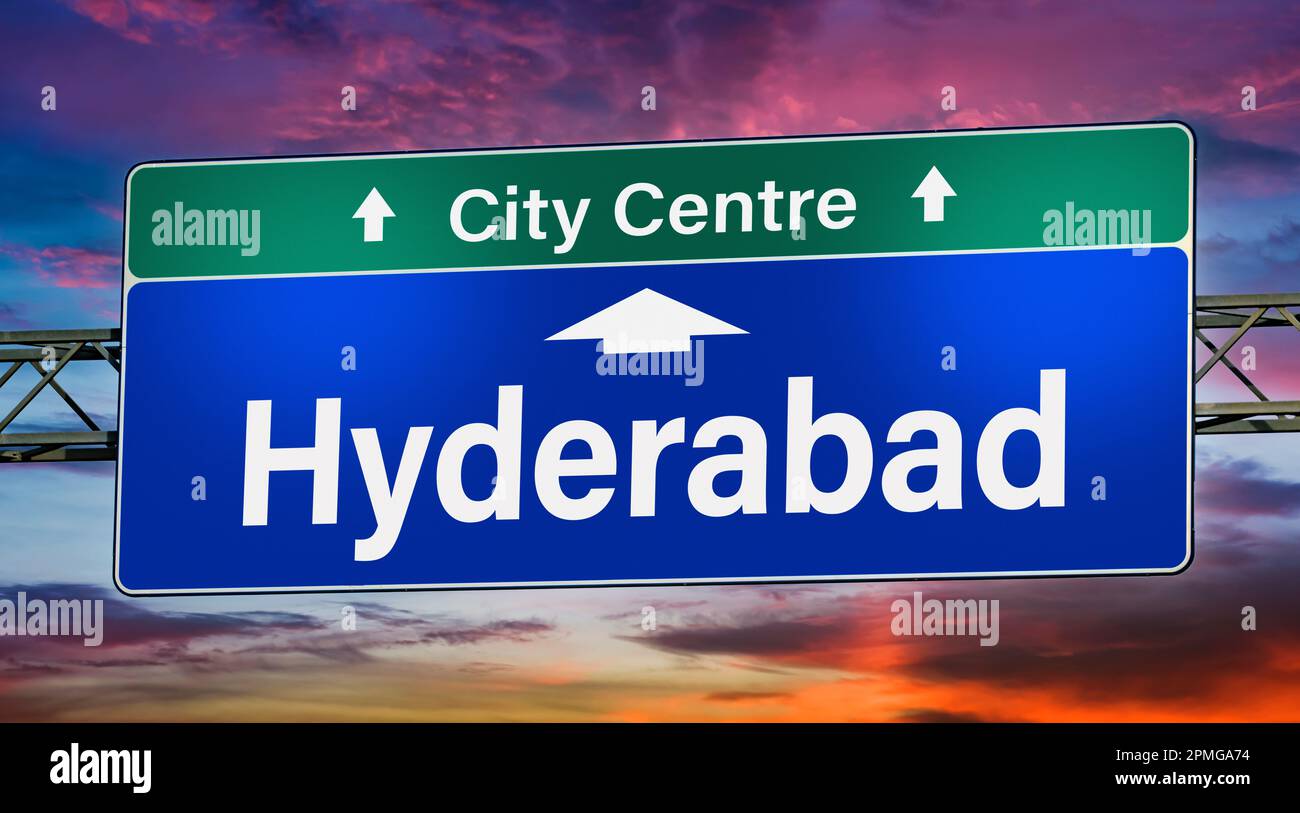 Road sign indicating direction to the city of Hyderabad. Stock Photo