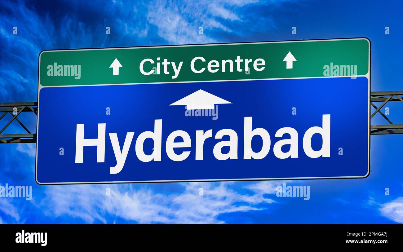 Road sign indicating direction to the city of Hyderabad. Stock Photo