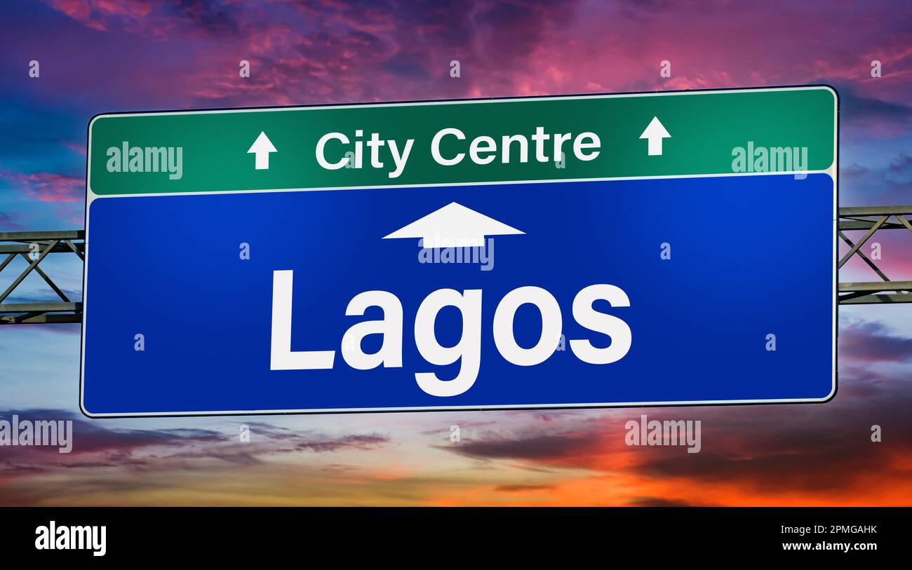 Road sign indicating direction to the city of Lagos. Stock Photo