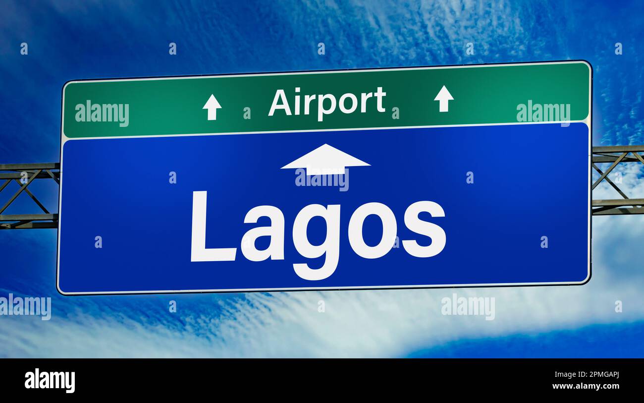 Road sign indicating direction to the city of Lagos. Stock Photo