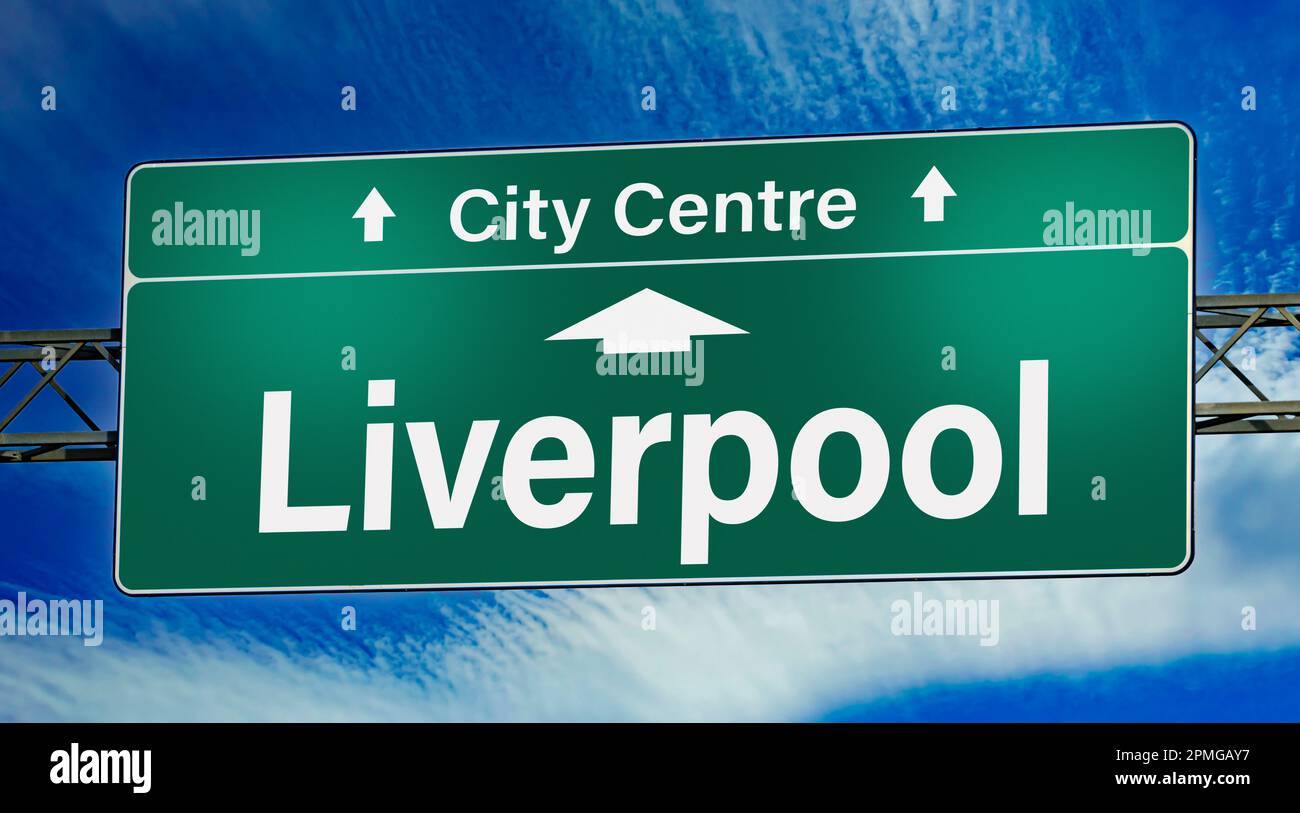 Road sign indicating direction to the city of Liverpool Stock Photo Alamy