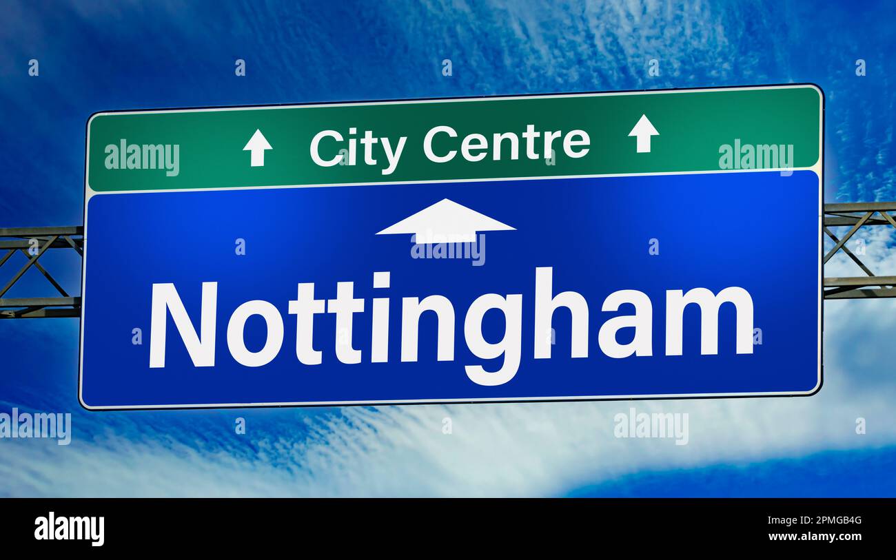 Road sign indicating direction to the city of Nottingham. Stock Photo