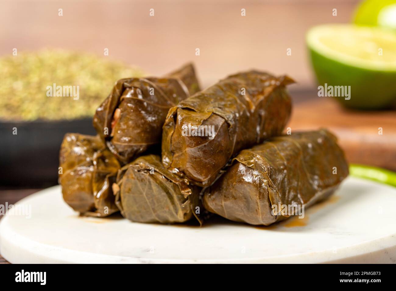 Olive oil leaf wrap. Aegean cuisine delicacies. Grape leaf wrap with