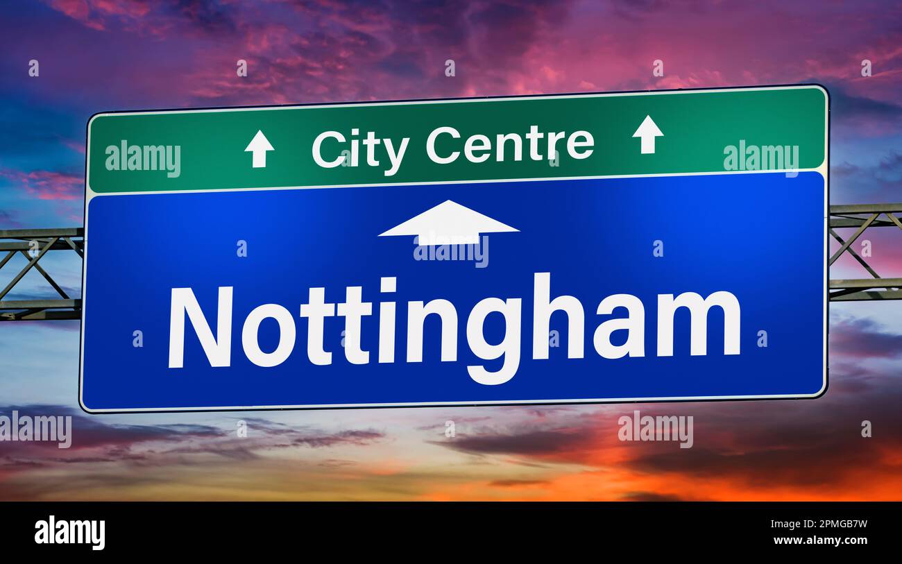 Road sign indicating direction to the city of Nottingham Stock Photo