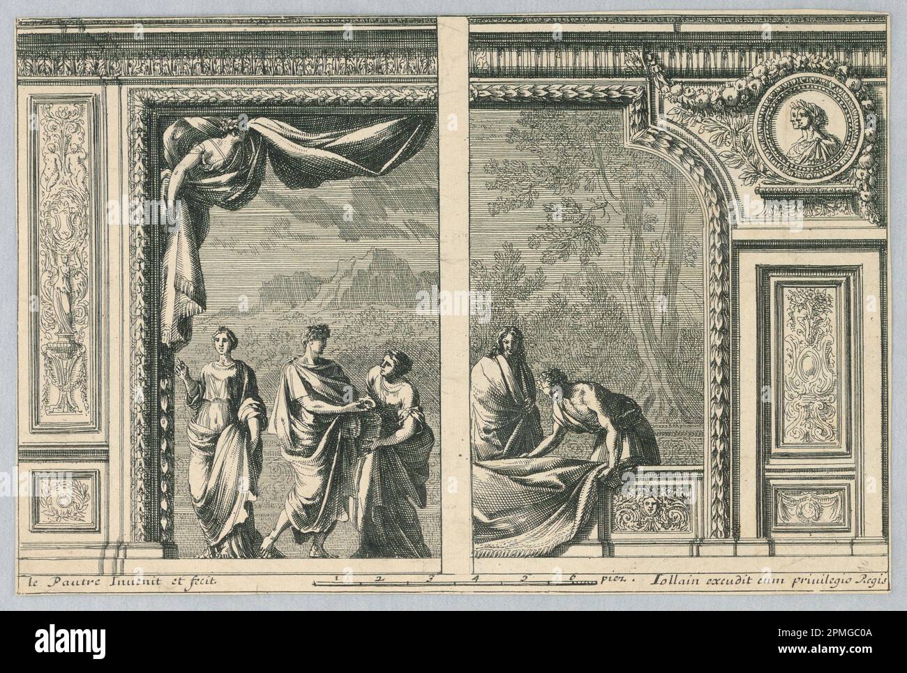 Print, Two Designs for French Alcove; Print Maker: Jean Le Pautre (French, 1618–1682); etching on paper; 13.8 × 20.8 cm (5 7/16 × 8 3/16 in.) Stock Photo