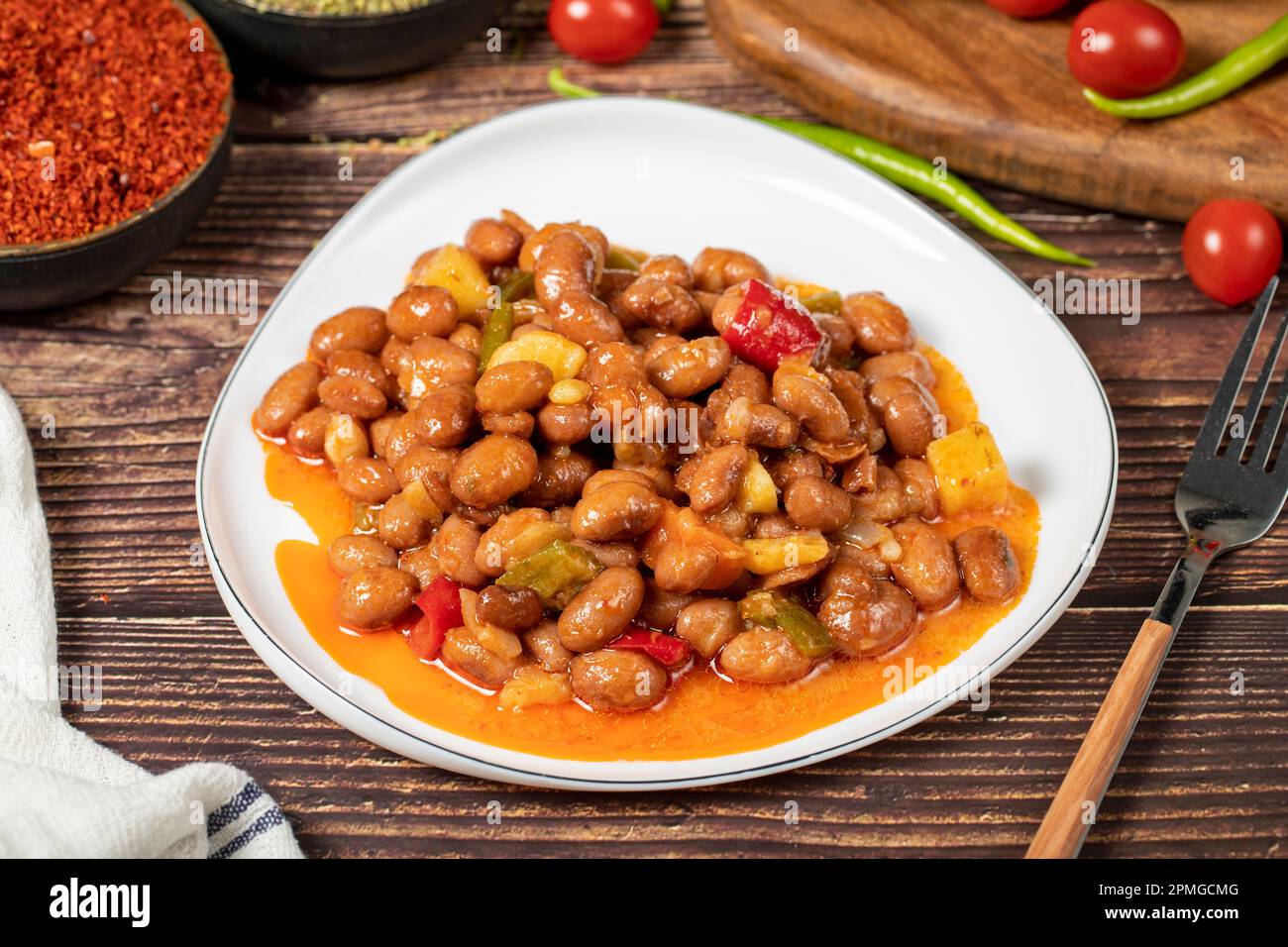 Kidney beans dish with olive oil on wood floor. Healthy foods. Aegean