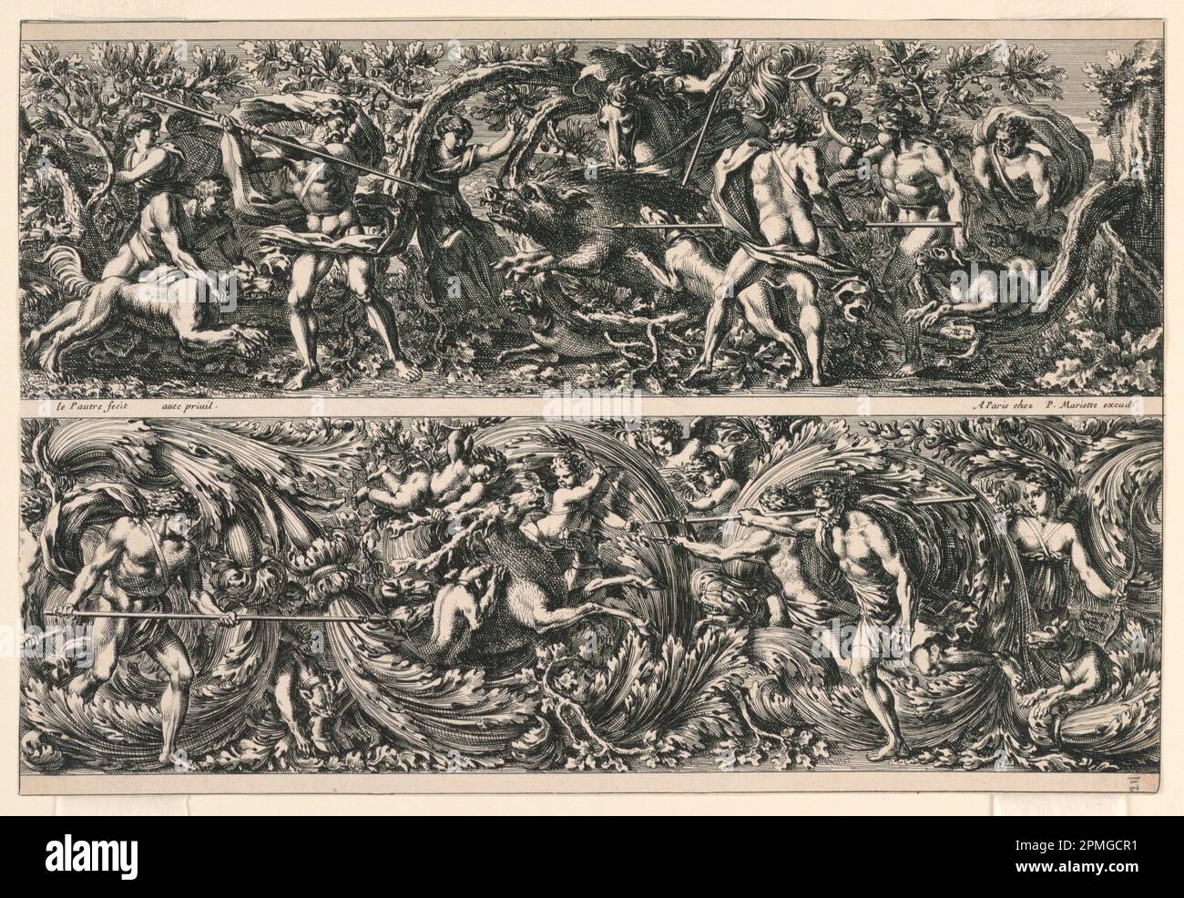 Print, Designs for Friezes; Designed by Jean Le Pautre (French, 1618–1682); France; engraving on white laid paper; 22 x 31.8 cm (8 11/16 x 12 1/2 in.) Stock Photo
