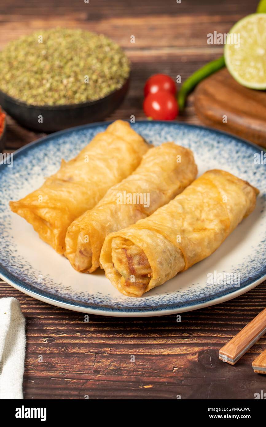 Pacanga pastry on wood background. Pastry made of phyllo with pastrami. Turkish cuisine delicacies. local name pacanga boregi. Close up Stock Photo