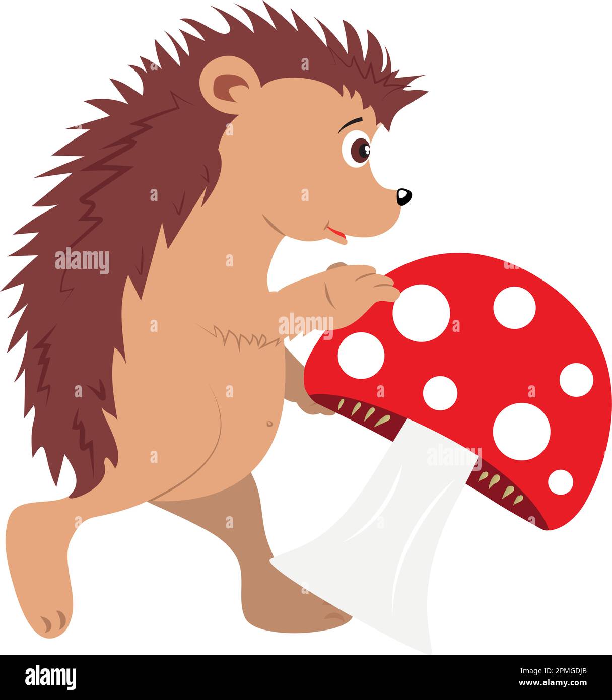 Cartoon hedgehog is playing with a mushroom Stock Vector
