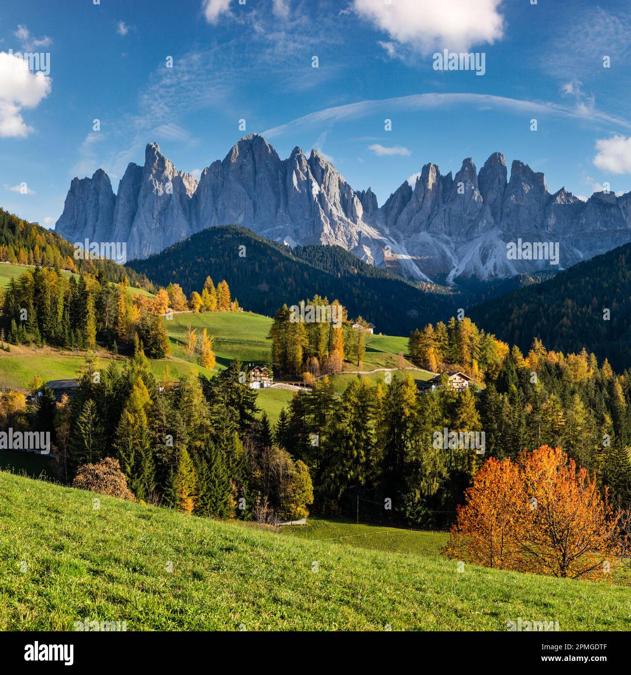 Autumn evening Santa Magdalena famous Italy Dolomites village ...