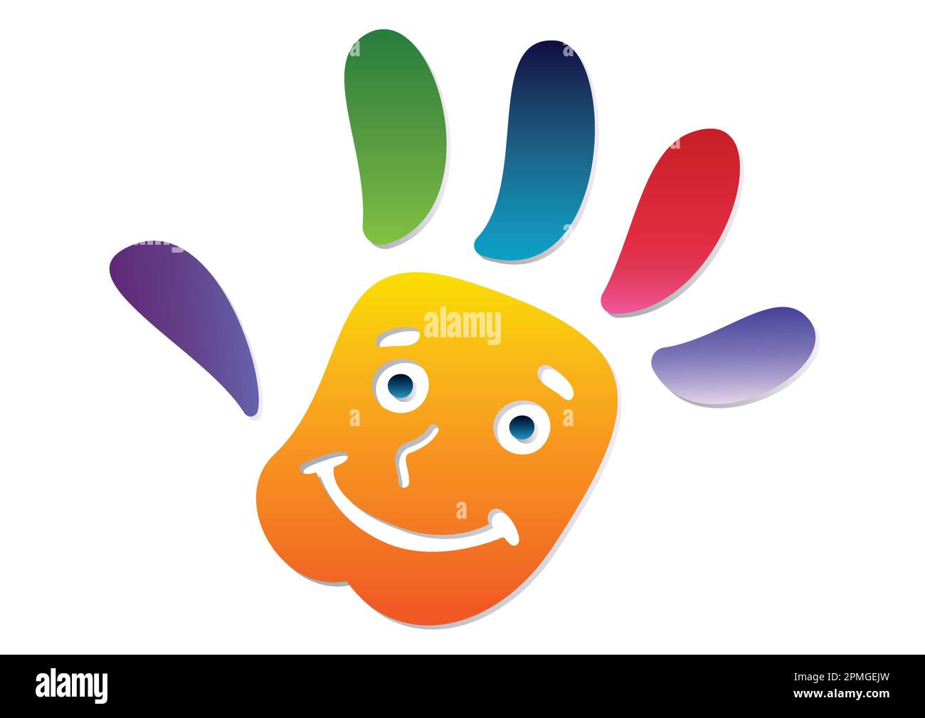 Colorful Kid Hand. Happy Face. Logo. Colorful Hand Isolated on white background Stock Vector