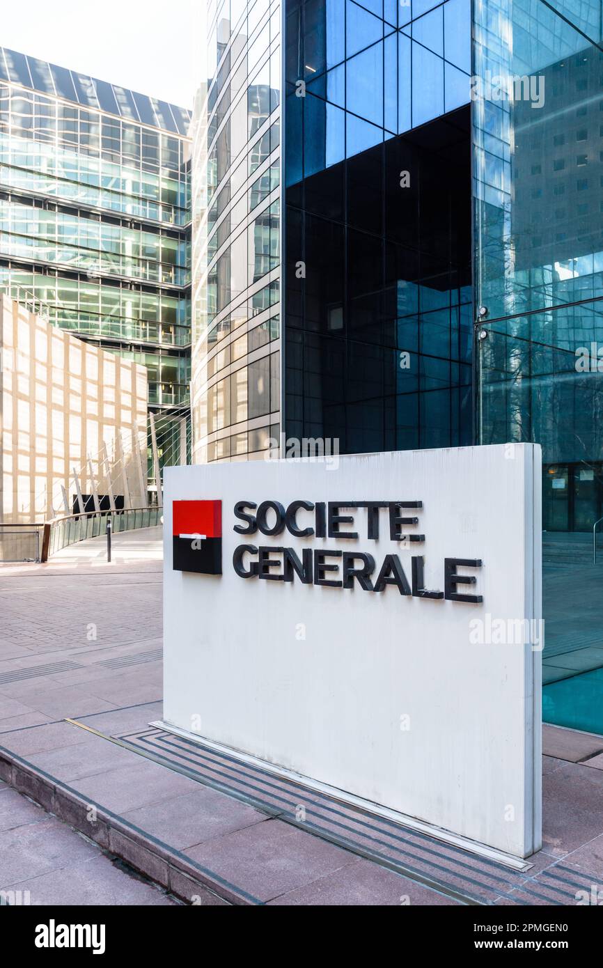 Sign of the Societe Generale at the entrance of the head office of the french banking group in La Defense business district. Stock Photo