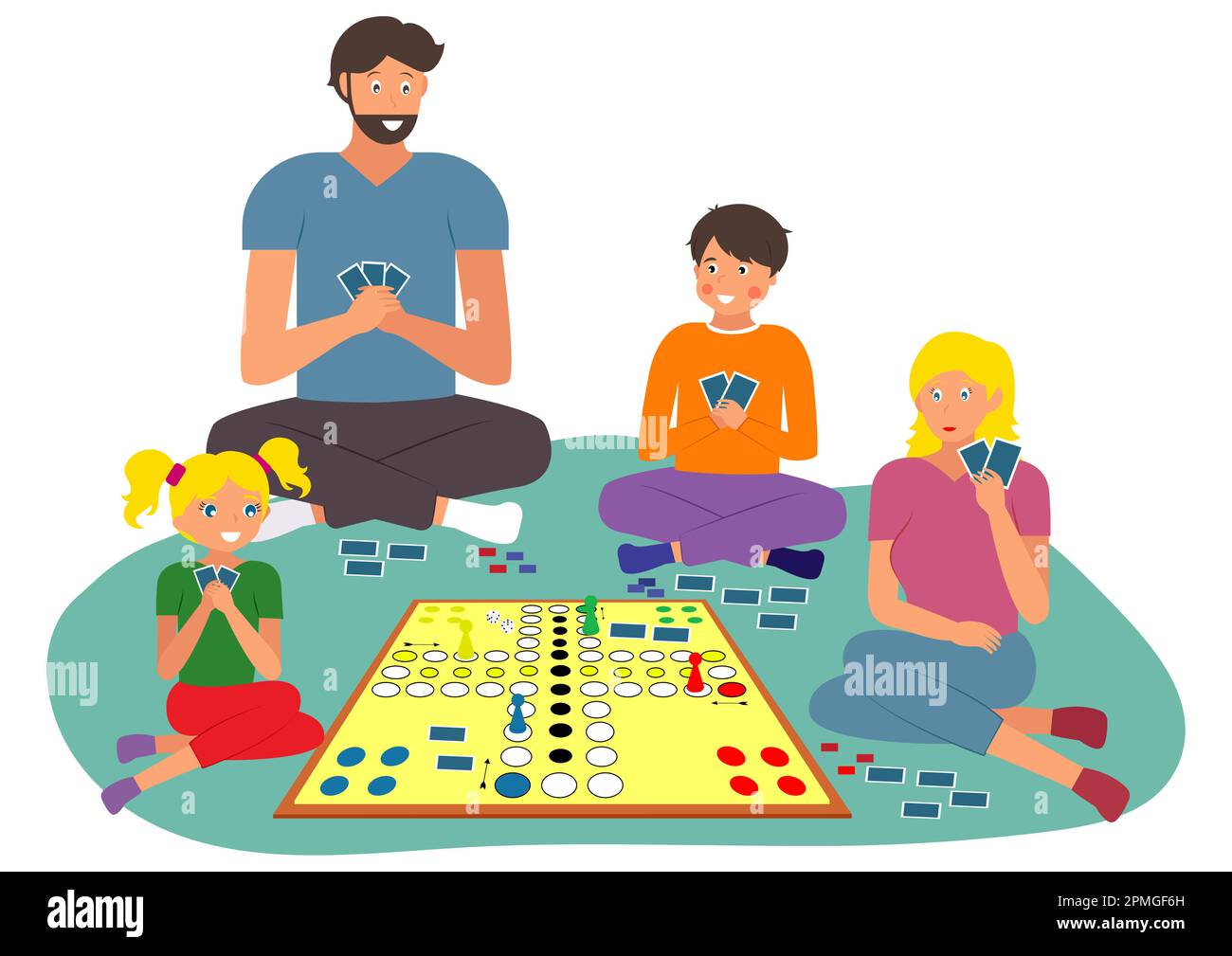 Family night game home activities. People are having fun at home playing card games on the floor. Spend time family. Board Game Stock Vector