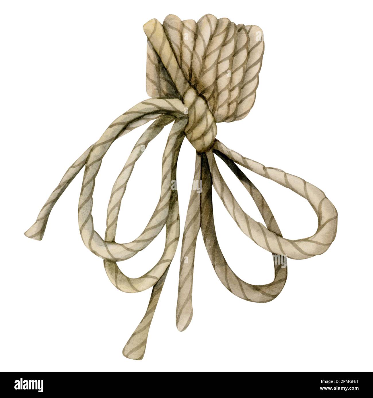 Watercolor jute rope with bow knot. Hand drawn cord clipart
