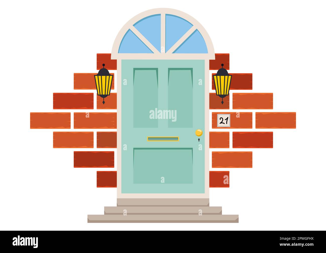Front Door Clipart Vector With Outdoor Light Fixture And Brick Wall