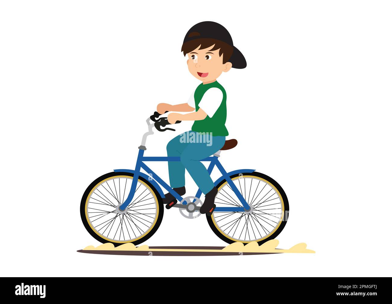 Happy boy with bicycle. Boy riding a bicycle isolated on white background Stock Vector