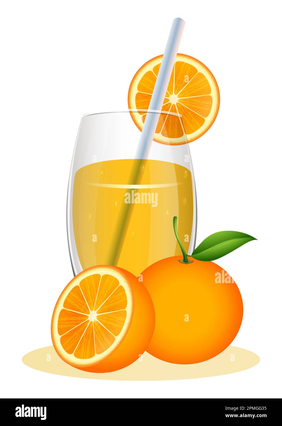 Glass of orange juice with a tube and orange with a slice Stock Vector