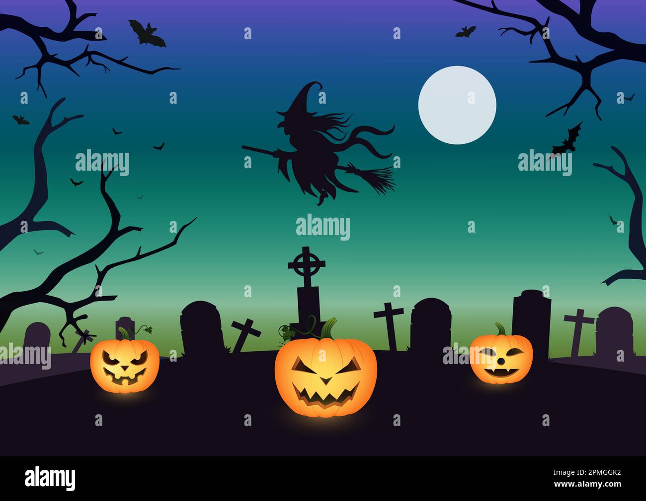 Halloween, full moon, witch, cemetery, graves, pumpkin and bats Stock Vector