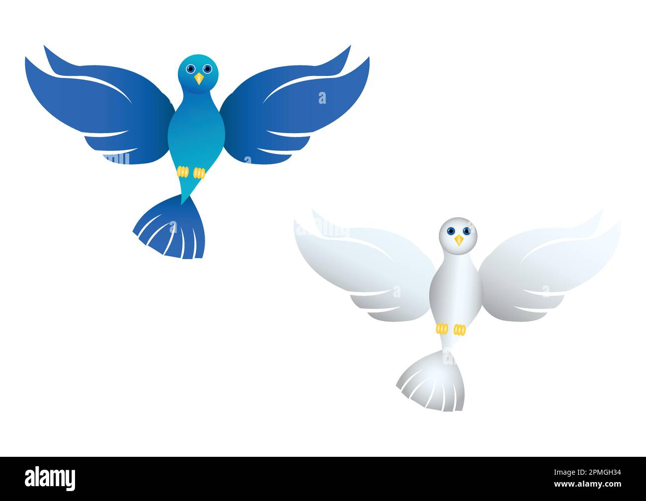 Illustration of two different color of dove on a white background. Two colorful doves. Blue and white doves. Vector dove Stock Vector