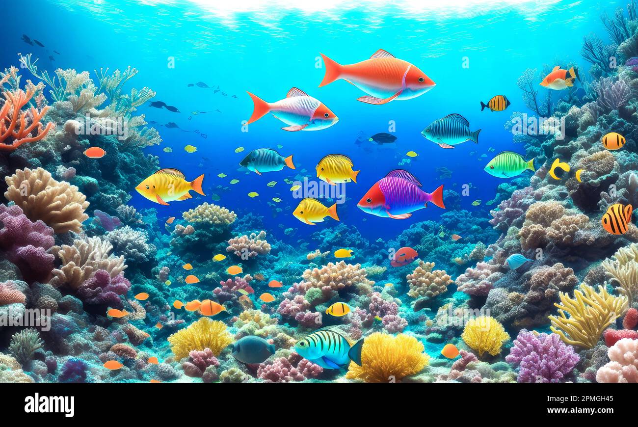 Underwater world. Coral reef and fishes. Underwater coral reef