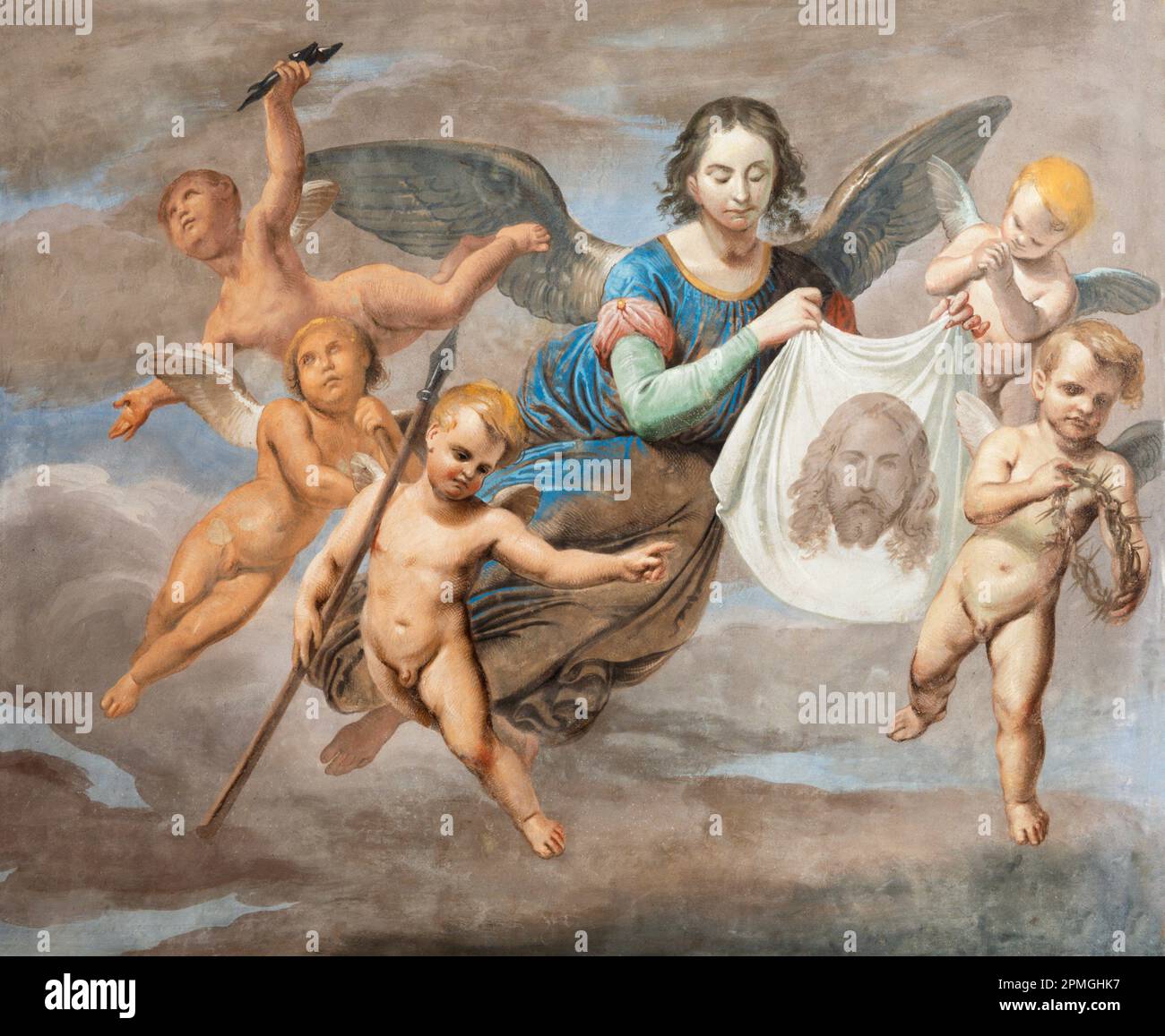 GENOVA, ITALY - MARCH 8, 2023: The fresco of angels with the Glory of holy Shroud in the church Basilica della Santissima Annunziata del Vastato. Stock Photo