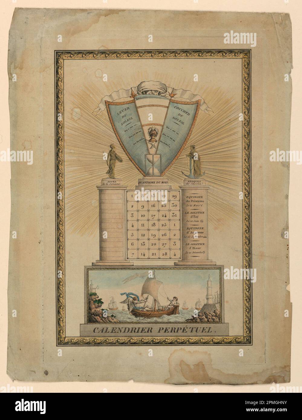 Calendar, Calendrier Perpétual; France; brush and watercolor over engraving on light blue laid paper; 35.6 x 27.0 cm (14 x 10 5/8 in. ) Stock Photo