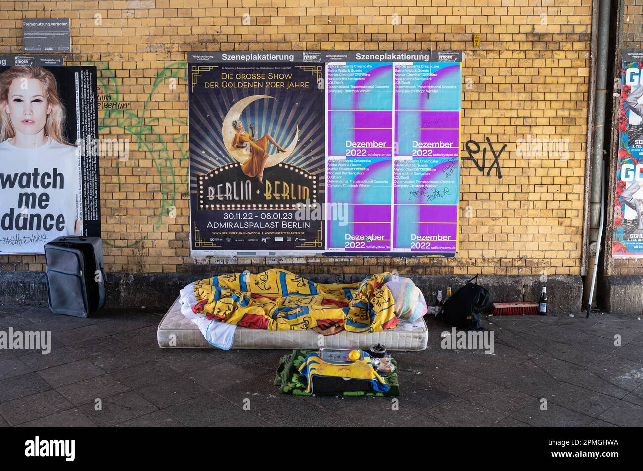 16.03.2023, Berlin, Germany, Europe - Sleeping place with mattress of a homeless person under a bridge at Savignyplatz in Charlottenburg district. Stock Photo