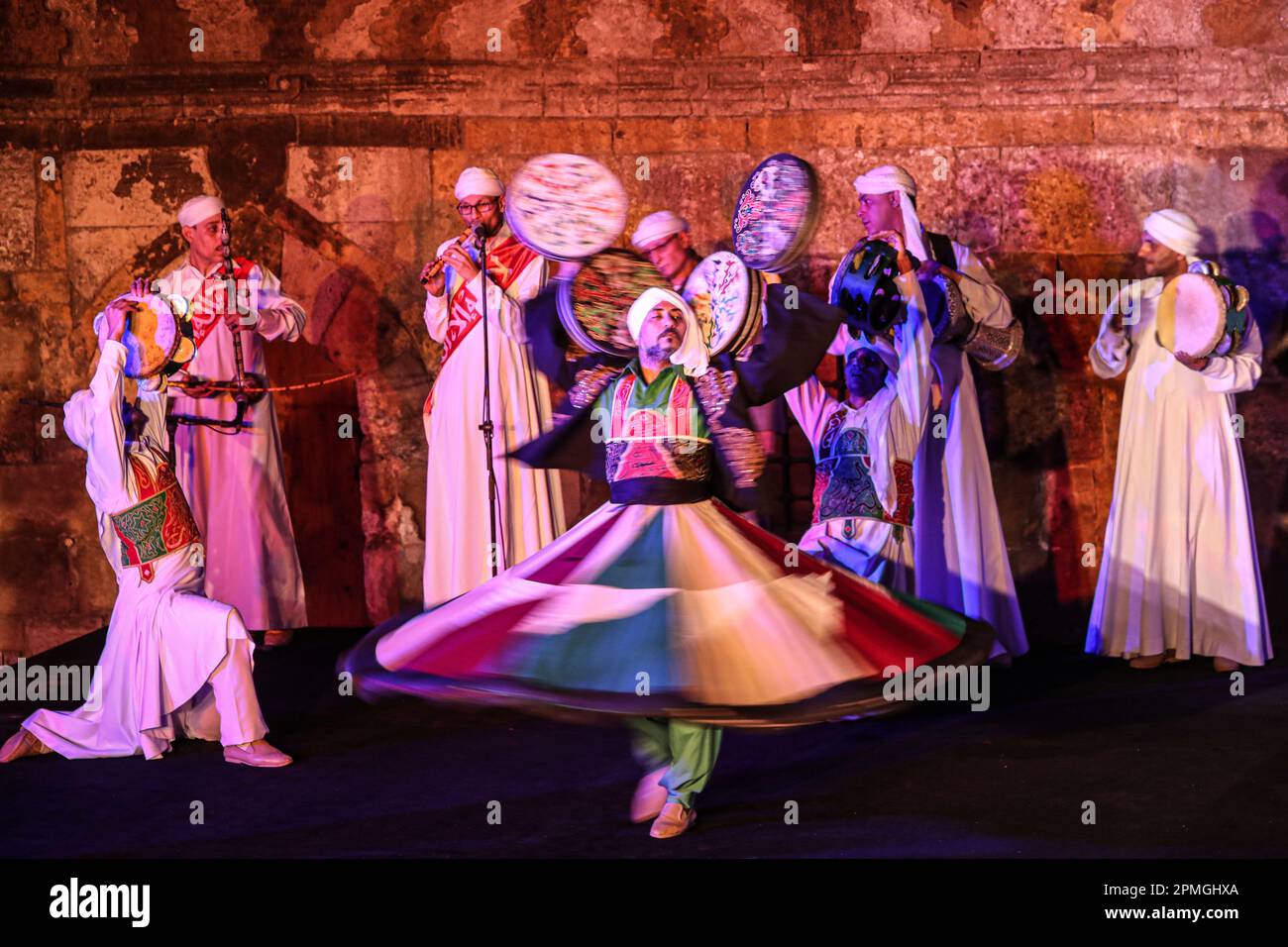 Cairo, Egypt. 12th Apr, 2023. Dancers perform Tanoura, a traditional