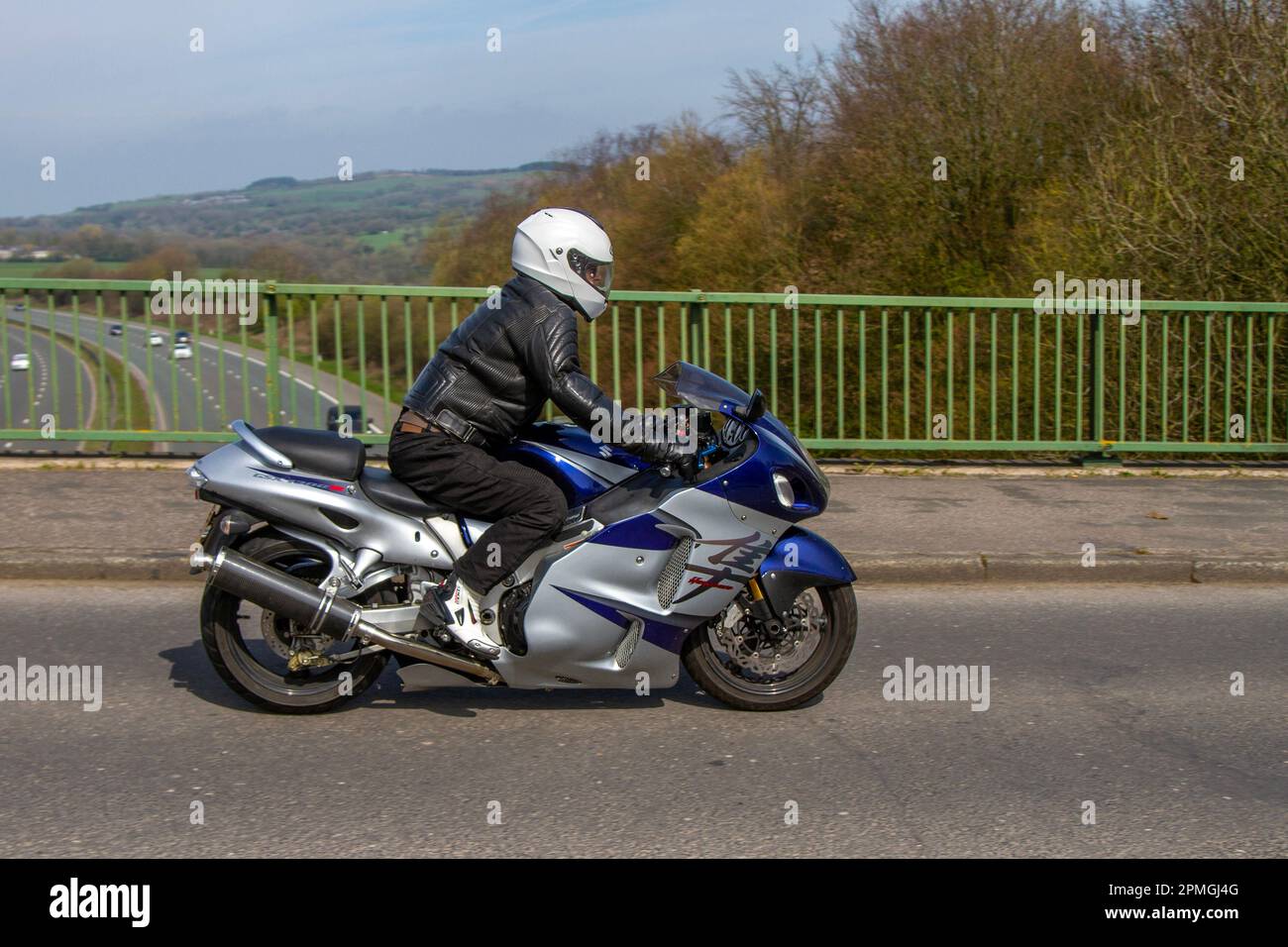 2005 SUZUKI Gsx 1300 RS inline Four Blue motorcycle Supersports 1299cc Petrol; crossing M61 motorway bridge in Greater Manchester, UK Stock Photo