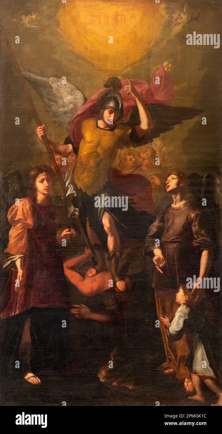 GENOVA, ITALY - MARCH 6, 2023: The painting of archangels Michael, Gabriel and Raphael in the church Basilica della Santissima Annunziata del Vastato Stock Photo