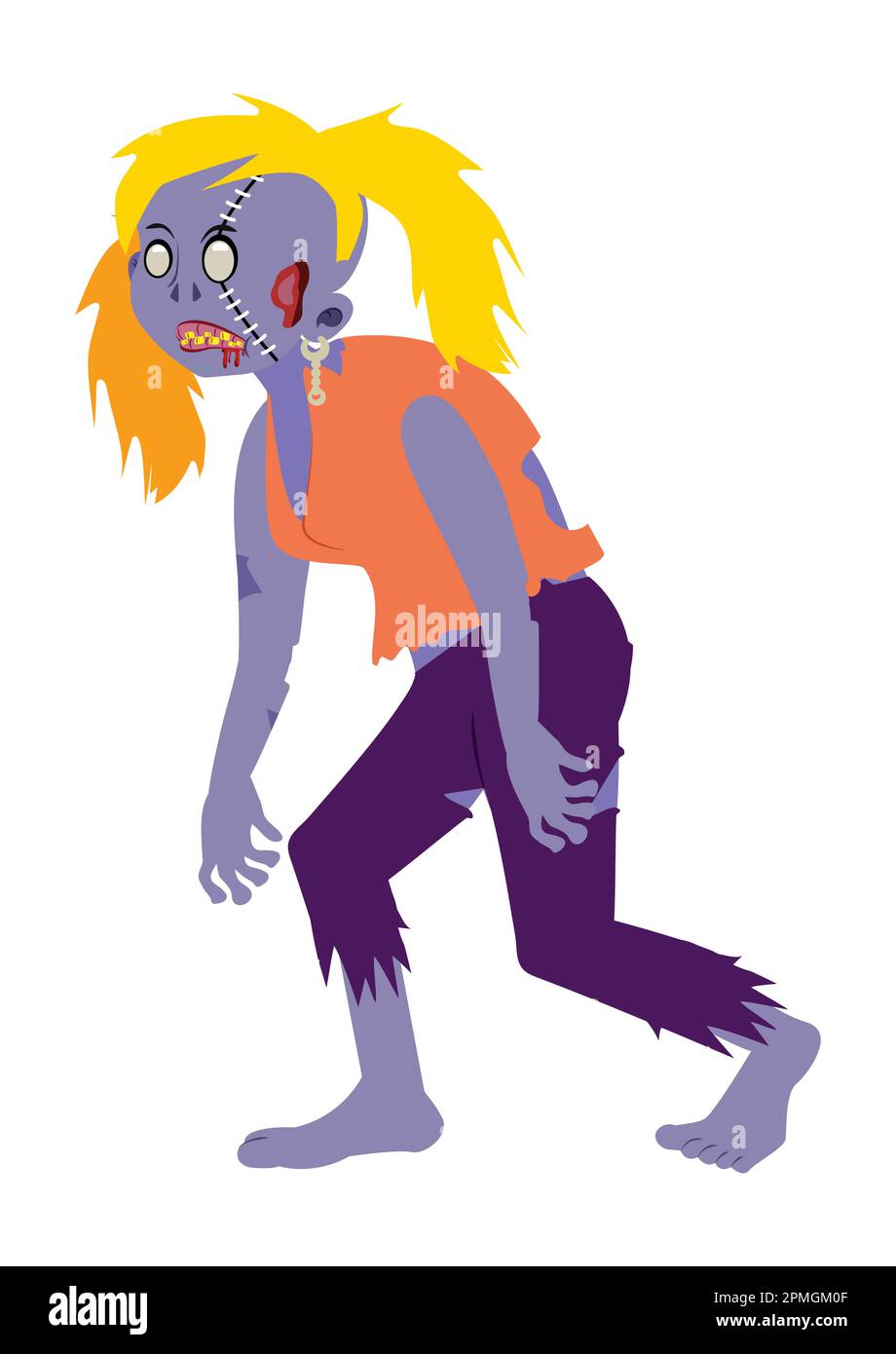 Scary zombie girl. Cartoon vector illustration of blonde zombie girl