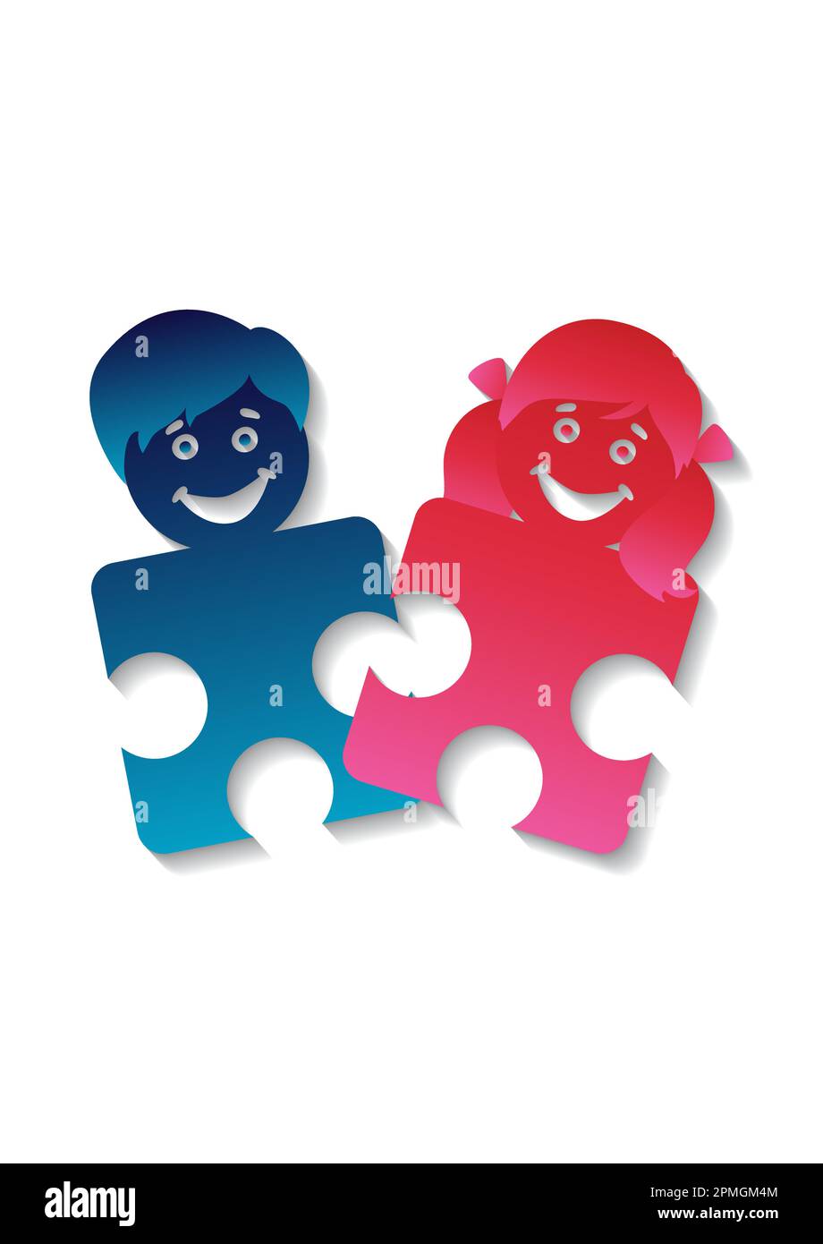 Puzzle pieces shaped children on white background Stock Vector