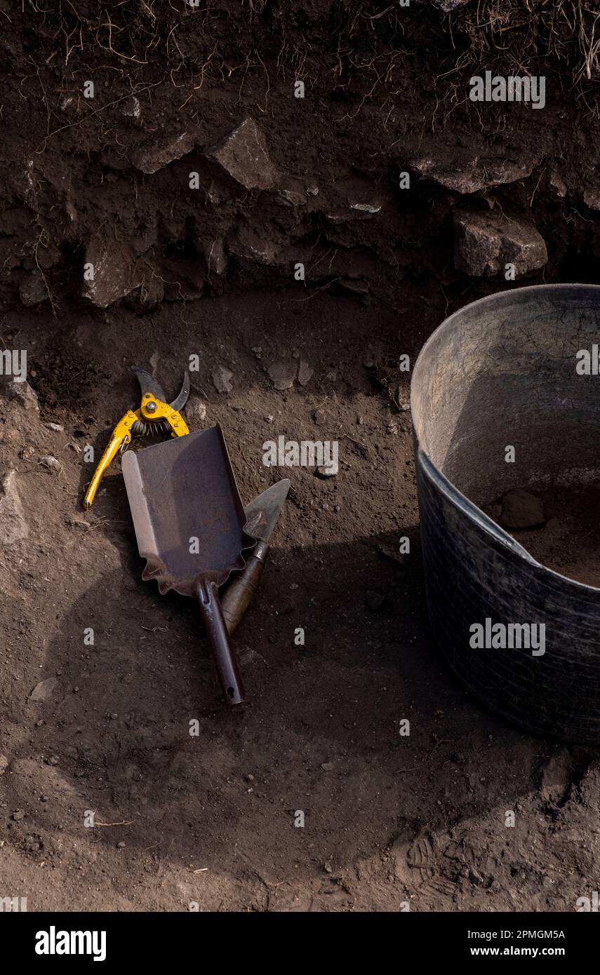 tools in an archaeological excavation, work tools Stock Photo Alamy