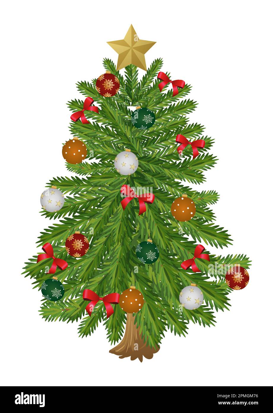Realistic Christmas Tree With Decoration On White Background Vector
