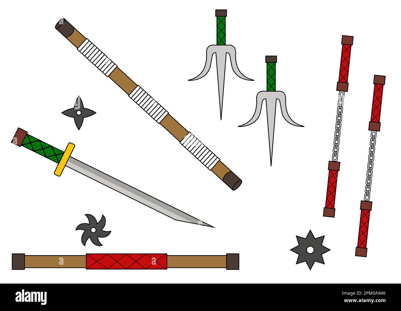 https://c8.alamy.com/comp/2PMGNM6/ninja-weapons-icons-set-shuriken-star-nunchaku-sword-katana-vector-illustration-of-cartoon-ninja-weapons-2PMGNM6.jpg