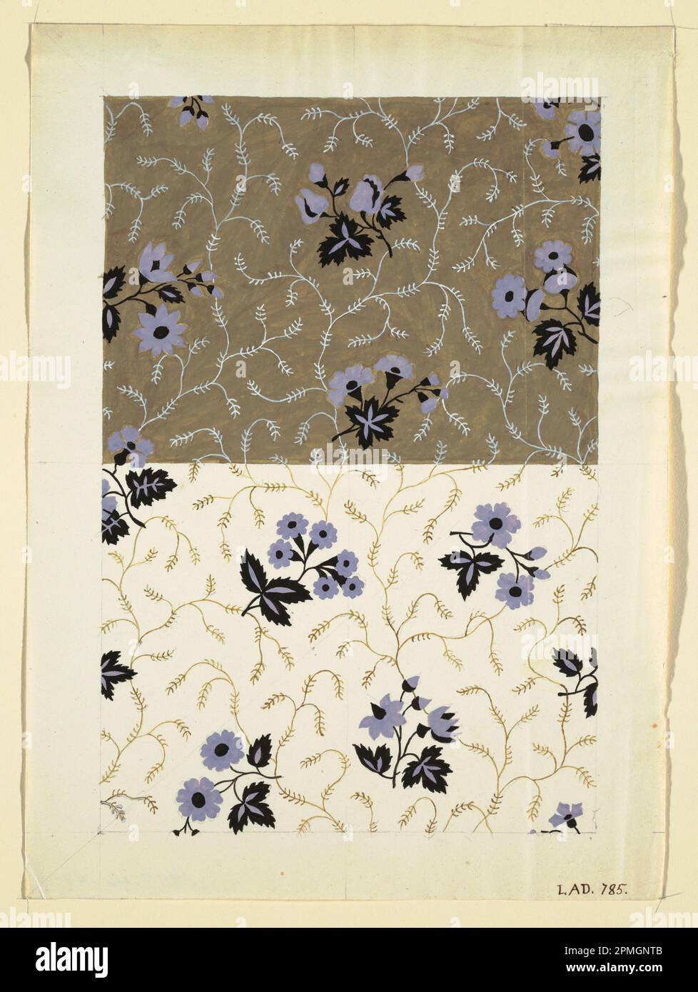 Drawing, Floral design for printed textiles; Designed by Louis-Albert DuBois (Swiss, 1752–1818); Manufactured by Fabrique de Fazy aux Bergues; France; brush and gouache, graphite on white wove paper; Sheet: 30.1 x 21.8 cm (11 7/8 x 8 9/16 in.) Image: 25.1 x 18 cm (9 7/8 x 7 1/16 in.) Stock Photo