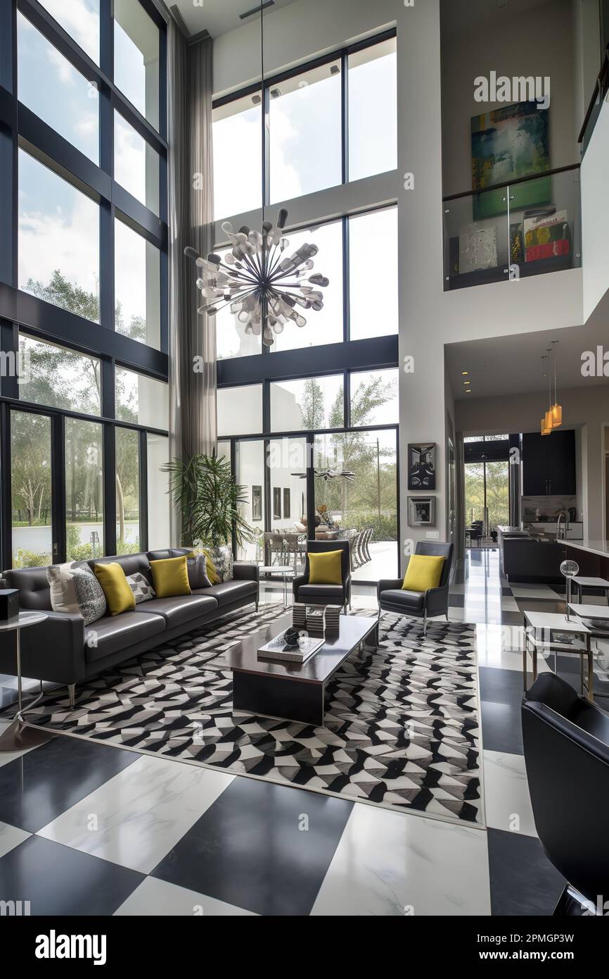 expansive living room with high ceilings, floor to ceiling windows