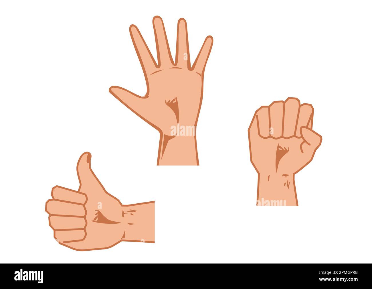 Three different hand positions. Closed hand, open hand and like Stock Vector