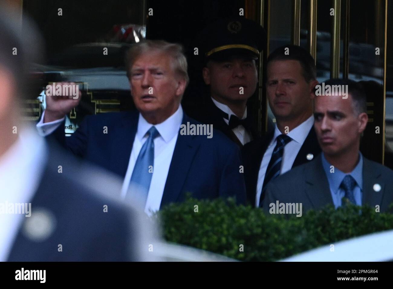 Former U.S. President Donald Trump seen leaving his residence for a deposition hearing with New York State Attorney General Letitia James, New York, NY, April 13, 2023.  The scheduled deposition in a business fraud lawsuit filed by New York State Attorney General is separate from the criminal case involving hush-money payments made during his 2106 Presidential campaign. (Photo by Anthony Behar/Sipa USA) Stock Photo