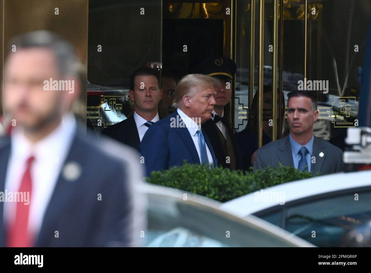 Former U.S. President Donald Trump seen leaving his residence for a deposition hearing with New York State Attorney General Letitia James, New York, NY, April 13, 2023.  The scheduled deposition in a business fraud lawsuit filed by New York State Attorney General is separate from the criminal case involving hush-money payments made during his 2106 Presidential campaign. (Photo by Anthony Behar/Sipa USA) Stock Photo