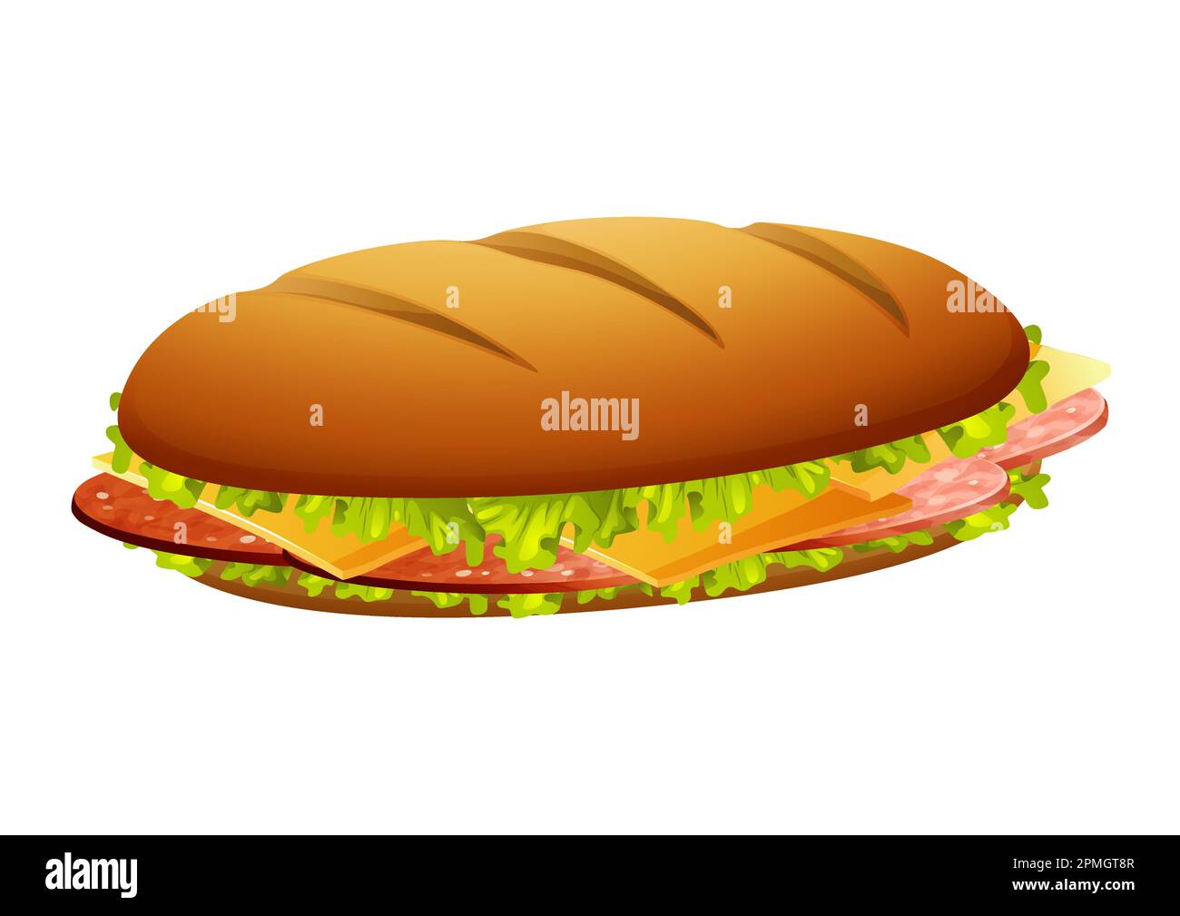 Vector illustration of salami sandwich on a white background. Bread, slices of salami, cheese and lettuce Stock Vector