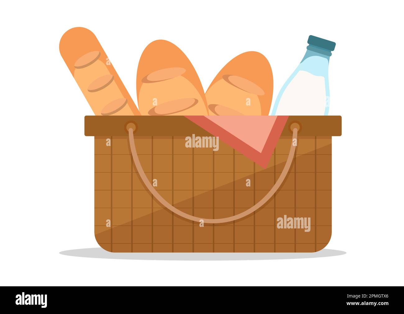 Vector basket with bread and milk bottle isolated on a white background ...