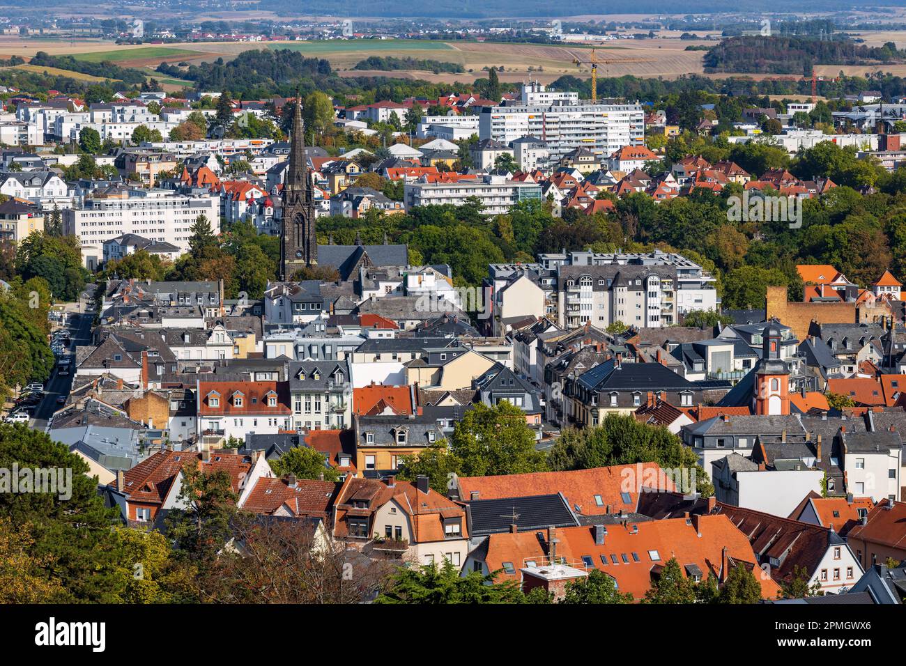cityscape of spa town Bad Nauheim, Hesse, Germany, with view to Dankeskirche, a neogothic and protestant church Stock Photo